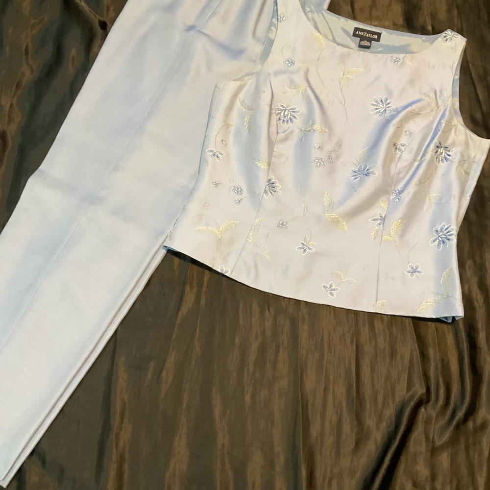 Ann Taylor Light Blue SILK Floral Embroidered Top and Pants Set